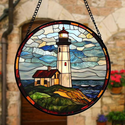 Stained Glass Window Hanging, Ocean Lighthouse Sun Catchers Glass Panel Blue Green Suncatcher Decor for Birthday for Women, Men, Wife, Aunt, and Mom 9.8 in