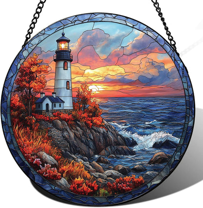 Coastal Lighthouse in Autumn Suncatcher -7.9 in Stained Glass Window Hanging Sun Catcher Garden Decor