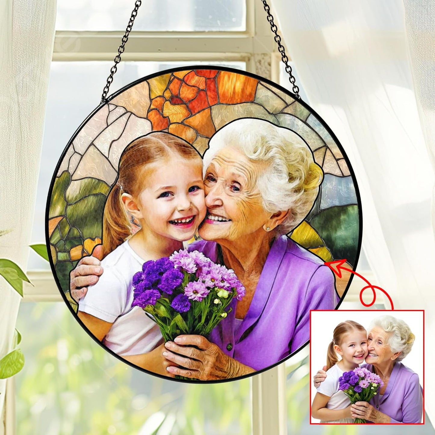 NAZENTI Personalized Grandma Stained Glass Suncatcher, Photo Family Portrait Window Hanging Ornament, Dog Suncatcher Custom Photo Mothers Day Grandma Mom Gifts from Son Daughter, Gifts for Nana Mimi