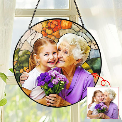 NAZENTI Personalized Grandma Stained Glass Suncatcher, Photo Family Portrait Window Hanging Ornament, Dog Suncatcher Custom Photo Mothers Day Grandma Mom Gifts from Son Daughter, Gifts for Nana Mimi