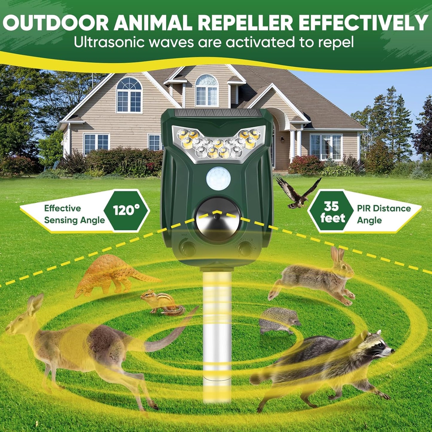 2 Pack Cat Repellent Outdoor Solar Ultrasonic Animal Repeller- Motion Activated Pest Deterrent Device for Cats, Dogs, Raccoons, Deer, Skunks,Rodents, Waterproof Scare Away Raccoon Deterrent Stakes