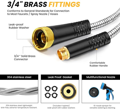 Lefree Garden Hose 75ft, Metal Garden Hose, Stainless Steel Hose with 10-Function Nozzle, Flexible Water Hose, Heavy Duty, Crush Resistant, Leak Proof, No Kinks Garden Hoses for Yard, Outdoors, Rv