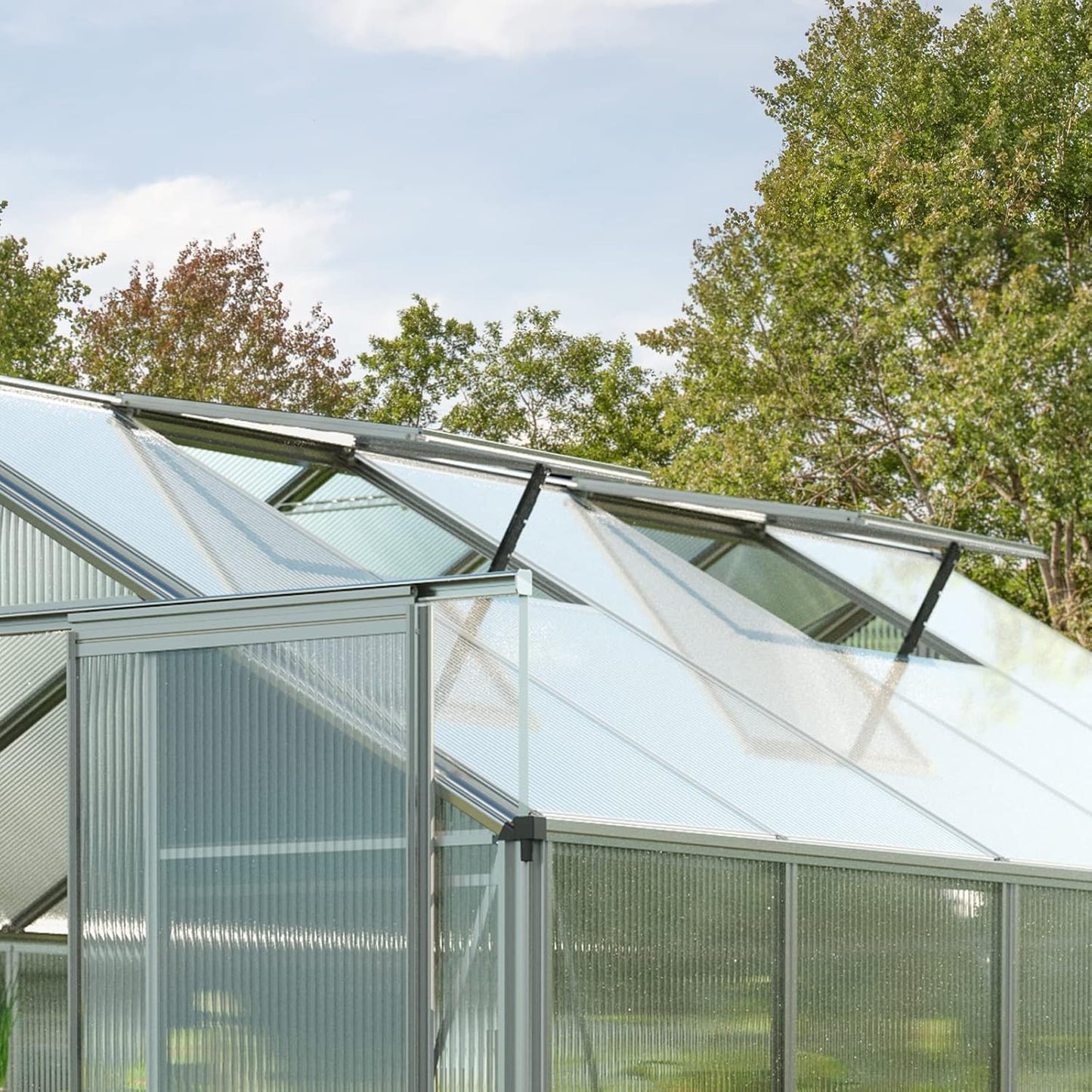 Greenhouse Topas 4 Aluminum Frame 7.4 x 8.5 ft Approx. 8 mm Polycarbonate Panels - with Bonus Base Frame and Automatic Vent Opener