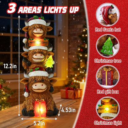 Christmas Highland Cow Decor with Solar Light Triple Highland Cow Christmas Decorations Gifts for Women Mom Funny Highland Cows Garden Statues for Garden Patio Lawn Yard Decor(Multicolor)