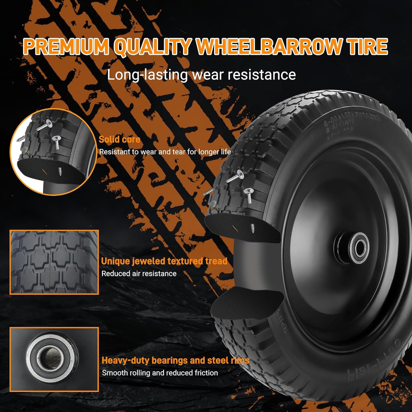 Wheelbarrow Tire 4.80/4.00-8 Flat-Free Tire and Wheel 14.5" Solid Wheelbarrow Tires with 3"-7" Centered Hub and 5/8" & 3/4" Bearings for Hand Truck, Trolley, Garden Cart, Wagons (2 Pack)