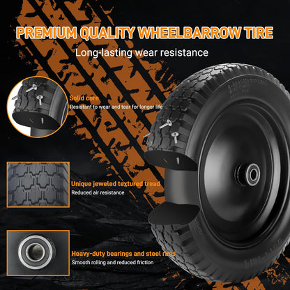 Wheelbarrow Tire 4.80/4.00-8 Flat-Free Tire and Wheel 14.5" Solid Wheelbarrow Tires with 3"-7" Centered Hub and 5/8" & 3/4" Bearings for Hand Truck, Trolley, Garden Cart, Wagons (2 Pack)