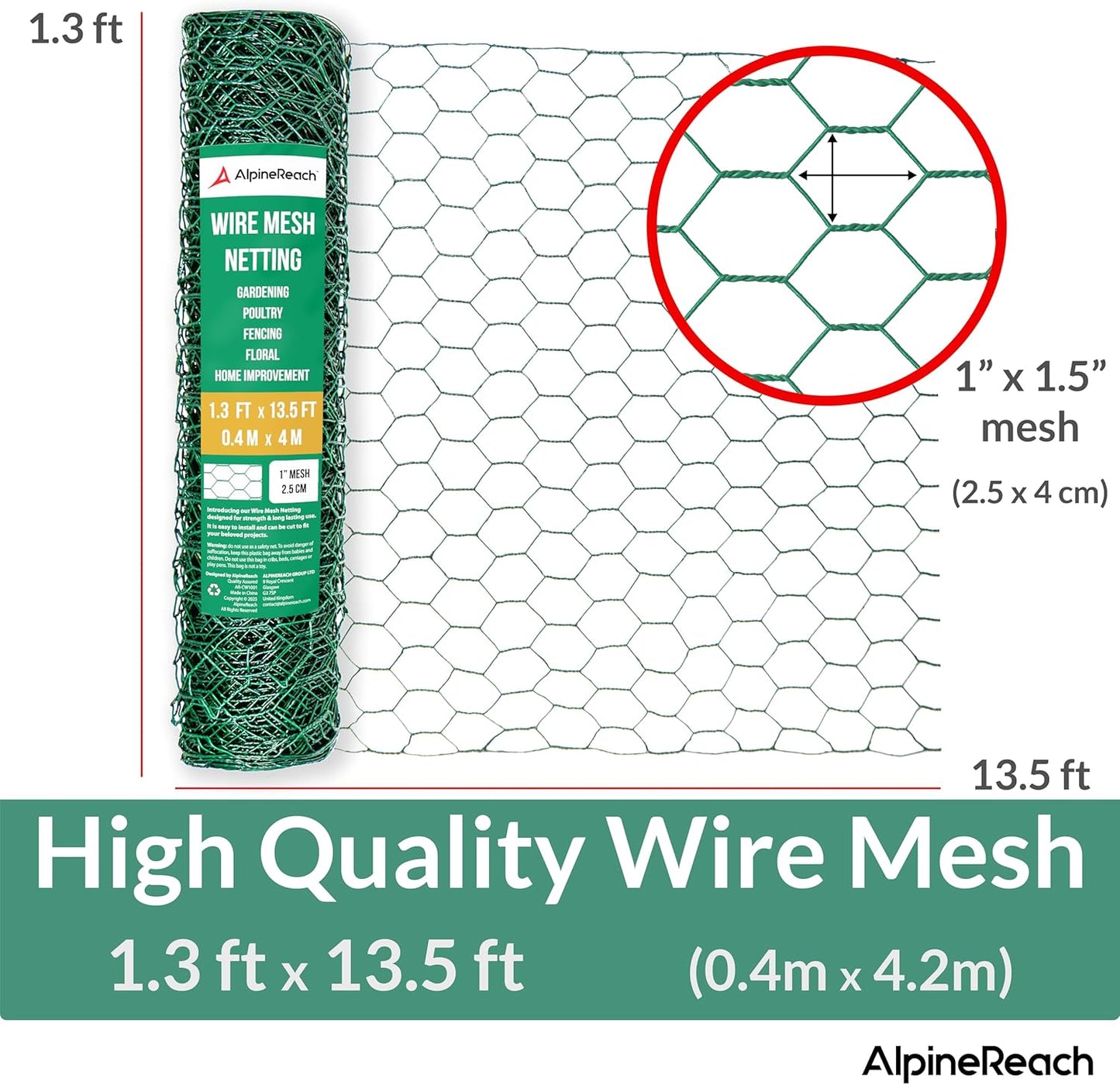 AlpineReach Chicken Wire 1.3ft x 13.5ft (15.6" x 162") for Floral Arrangements, Zip Ties - Green Mesh Roll Galvanized Hexagonal PVC Coated Garden Netting for Fencing, Crafts, Poultry, Gardening Fence