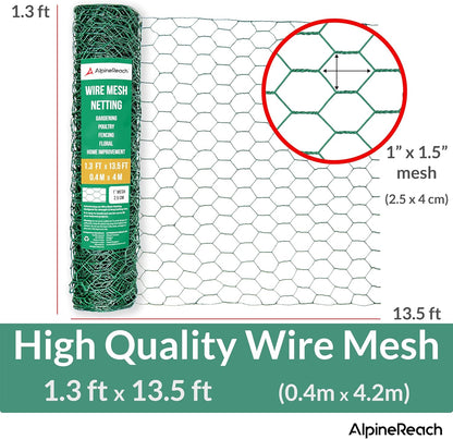 AlpineReach Chicken Wire 1.3ft x 13.5ft (15.6" x 162") for Floral Arrangements, Zip Ties - Green Mesh Roll Galvanized Hexagonal PVC Coated Garden Netting for Fencing, Crafts, Poultry, Gardening Fence