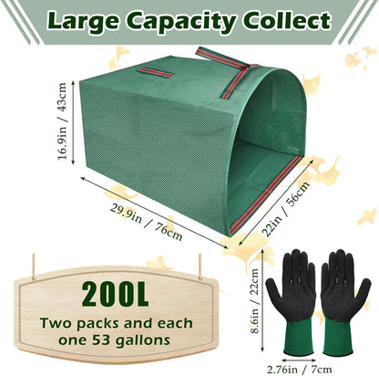 2 Pack 53 Gallons Leaf Bags, Reusable Yard Waste Bags Large Capacity Semi-Circular Dustpan-Type Lawn Bags for Collecting Leaves Sturdy & Waterproof Yard with A Pair of Gloves