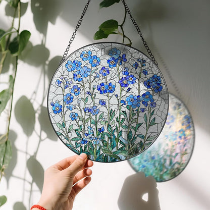 8 Inch Stained Glass Window Hanging, Forget Me Not Flower Stained Glass Suncatcher, Window Decor, Plant Lover Gift for Women, Forget Me Not Gifts for Couples, Best Friend, Family, Colleague, Classmate