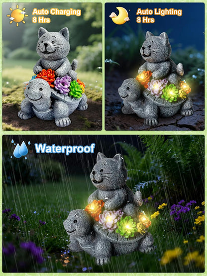 Solar Garden Outdoor Statues Decor, with Cat Turtle Succulent Garden Decor for Home House, Yard Art Lawn, Ornaments, Porch Patio, Balcony - Birthday Gifts for Grandma Mom Women