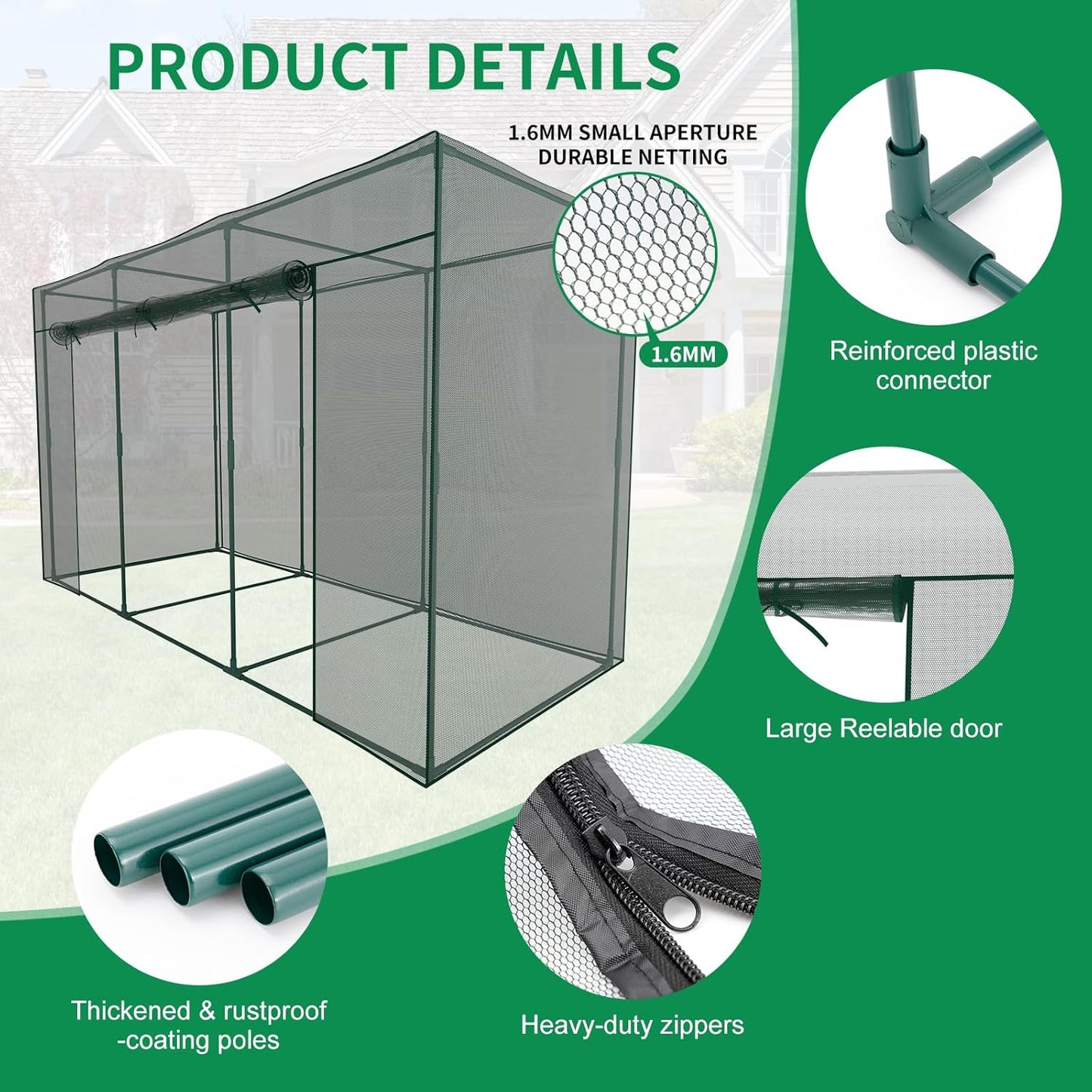 SUNYRISY Garden Plant Netting Crop Cage for Garden Raised Bed, 9.8 x 3.3 x 6 Ft Plant Cover Cage Protectors from Animal for Outdoor Plants with Frame and Zippered Door