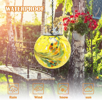Solar Hanging Lanterns Outdoor Solar Glaze Glass Lantern Gazing Ball Globe Hanging Outdoor Lights for Garden Yard Home Decoration Yellow