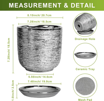 Ceramic Pot for Plants 8 Inch - Ceramic Flower Pot Indoor with Drainage Hole and Saucer, Decorative Round Indoor Planter, Plant Lover Gifts, Patio Home Office House Decor, Silver