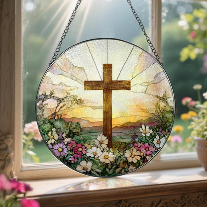 8 Inch Stained Glass Cross & Wildflowers Suncatcher Christian Hanging Ornament Gift for Religious Occasions