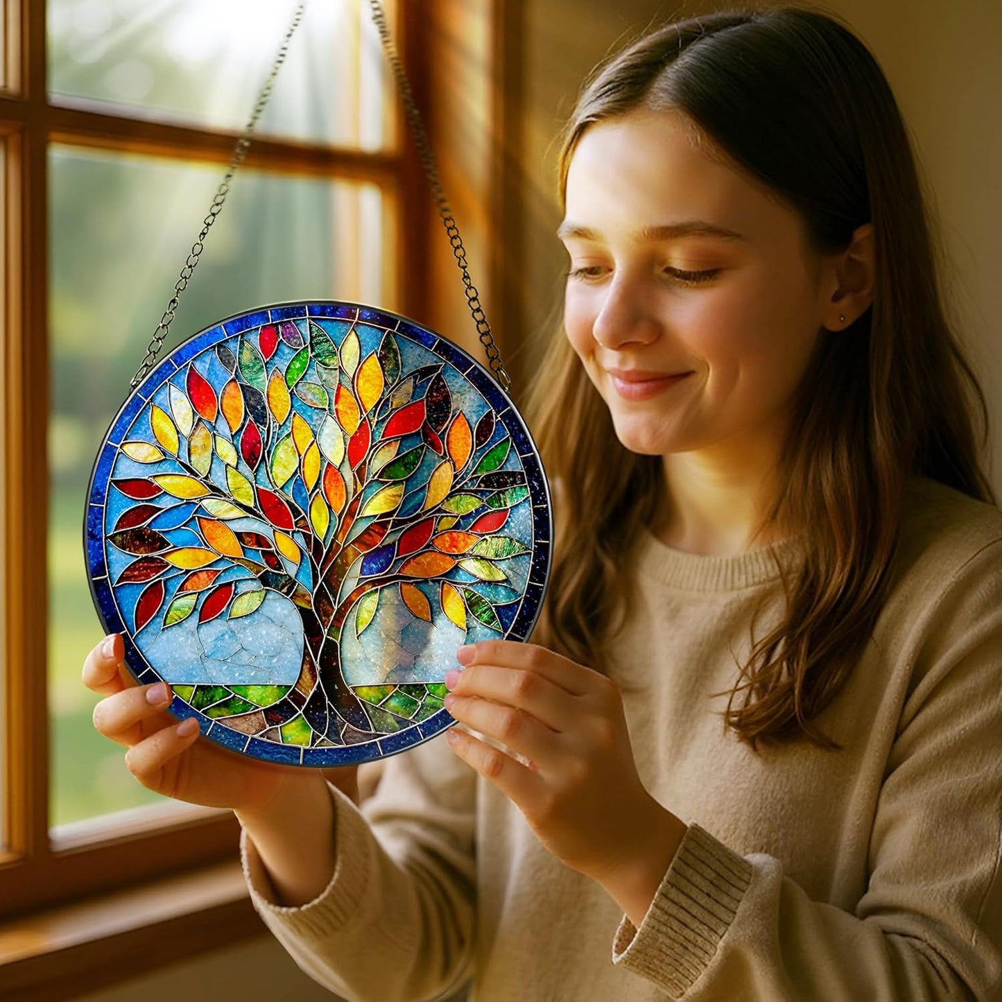 8-Inch Stained Glass Ornament, Stained Glass Window Hanging, Suncatcher Window Hanging, Home Decor, Tree of Life Ornament | Mother's Day, Christmas, Birthday, Housewarming | Gifts for Mom & Friend