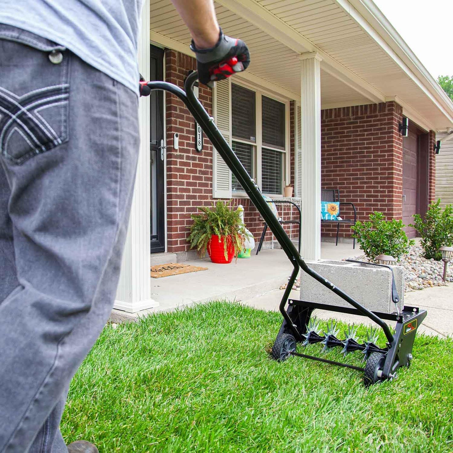 Brinly 20" Premium Push Spike Aerator with 3D Galvanized Steel Tines and Weight Tray