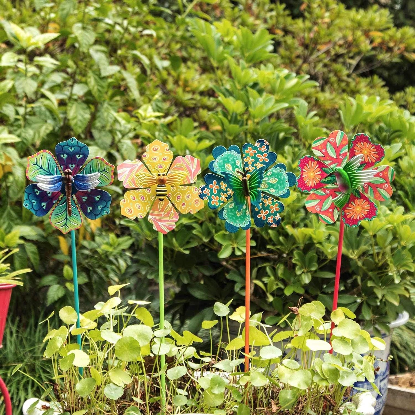 Topadorn Metal Floral Garden Stakes Waterproof Wind Spinner Decor - Colorful Windmill Design for Patio, Lawn, Garden, for Plant Lovers,4 Pack