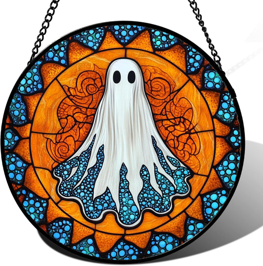 Stained Glass Window Hanging - Halloween Decorations White Ghost Suncatcher for Doors Garden Indoor