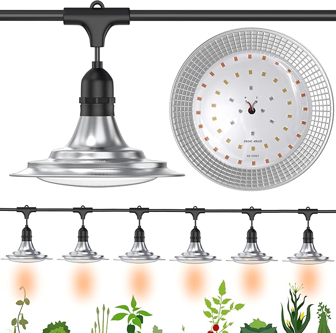 6-Light Outdoor LED Grow Lights – Waterproof Full Spectrum Greenhouse Lights for Plants, 21.3FT Adjustable String Lights with 288 LEDs E26 Base Bulbs, IP44 Waterproof for Garden, Farm, Yard