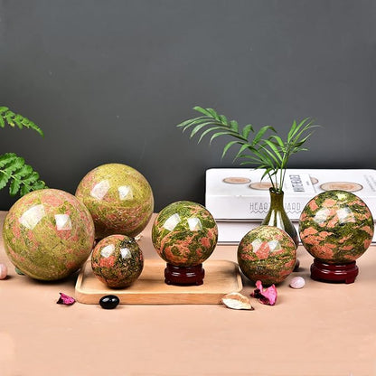 JIC Gem Unakite Stone Crystal Sphere Ball with Decorative Stand Quartz Crystal Ball Healing Gemstone Sphere for Fengshui Reiki Decor (50-60mm)