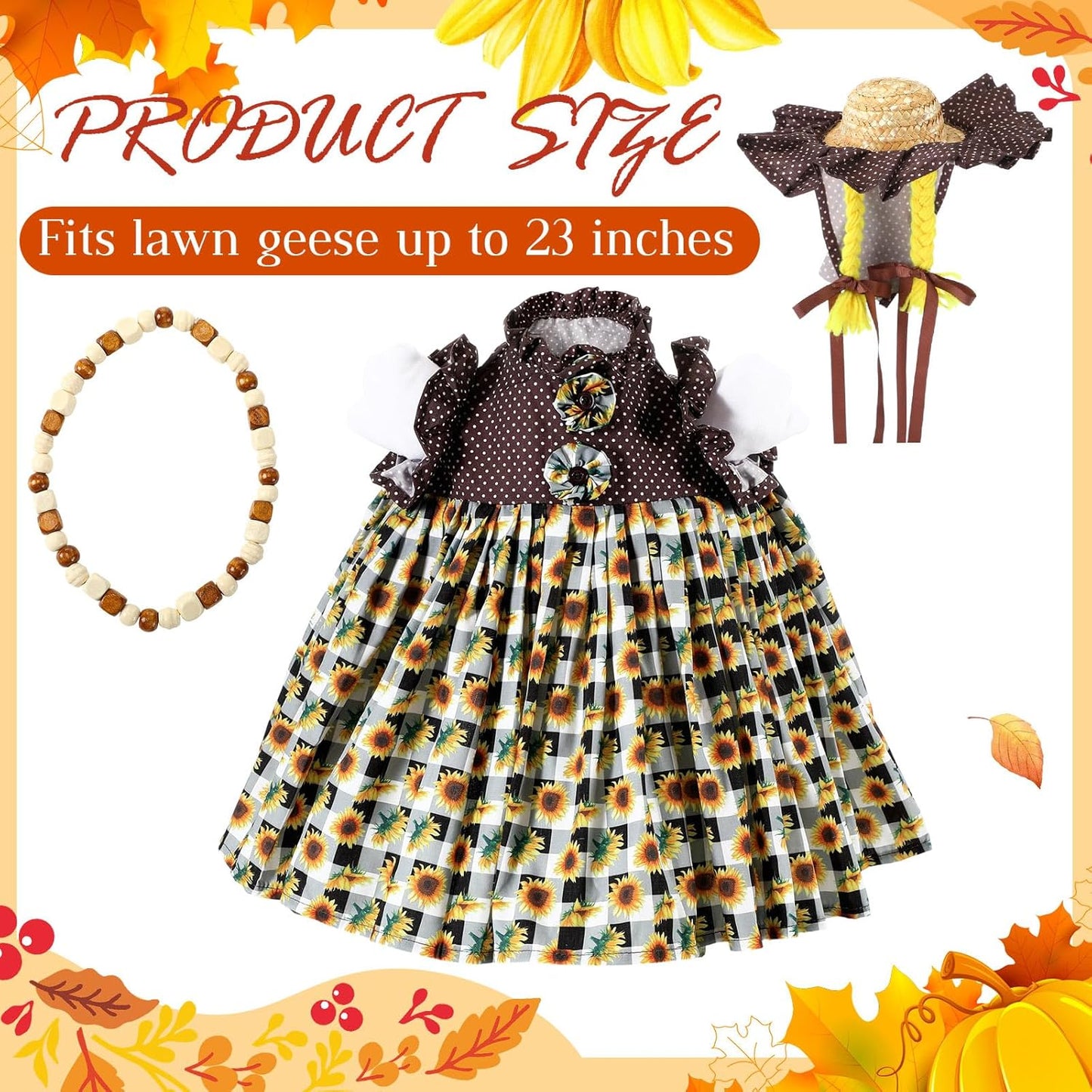Fall Thanksgiving Goose Outfit Sunflower Porch Goose Costume with Hat Necklace for 23 Autumn Patio Yard Lawn Decor(Plaid Sunflower)