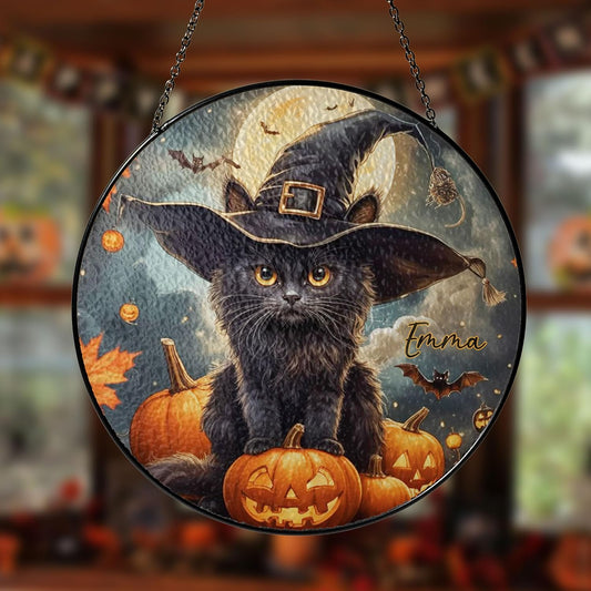 Custom Cat Portrait Stained Glass Window Hanging Light Catcher, Pet Memorial Stained Glass Photo