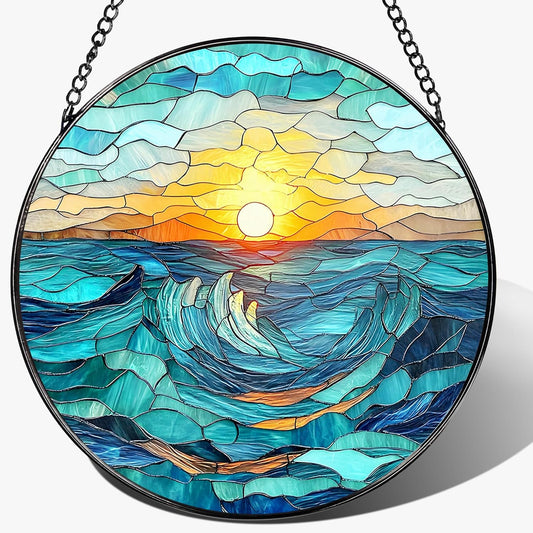 Stained Glass Window Hanging, Pauyadu 8 Inch Beach Stained Glass Suncatcher, Window Decoration
