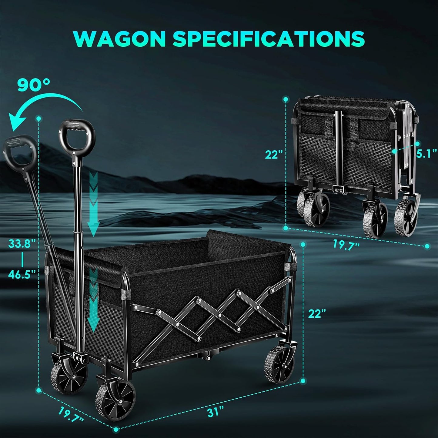 Wagons Carts Foldable, Collapsible Wagon Cart with Wheels, Large Wagons Carts Foldable with Wheels for Sand Sports Camping Grocery, Black