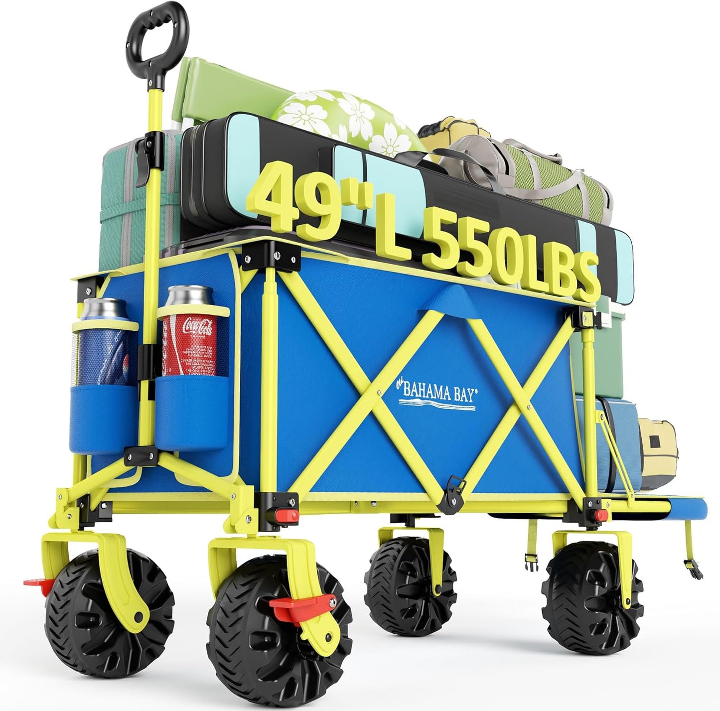 Old Bahama Bay 550lbs Extra Long 49" L Beach Wagon with Big Wheels with Brake for Sand, Collapsible Utility Beach Cart Heavy Duty Folding Wagon,Ideal for Outdoor Sand Camping Garden Pet