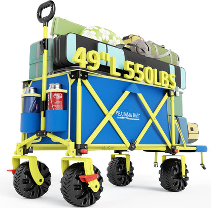 Old Bahama Bay 550lbs Extra Long 49" L Beach Wagon with Big Wheels with Brake for Sand, Collapsible Utility Beach Cart Heavy Duty Folding Wagon,Ideal for Outdoor Sand Camping Garden Pet