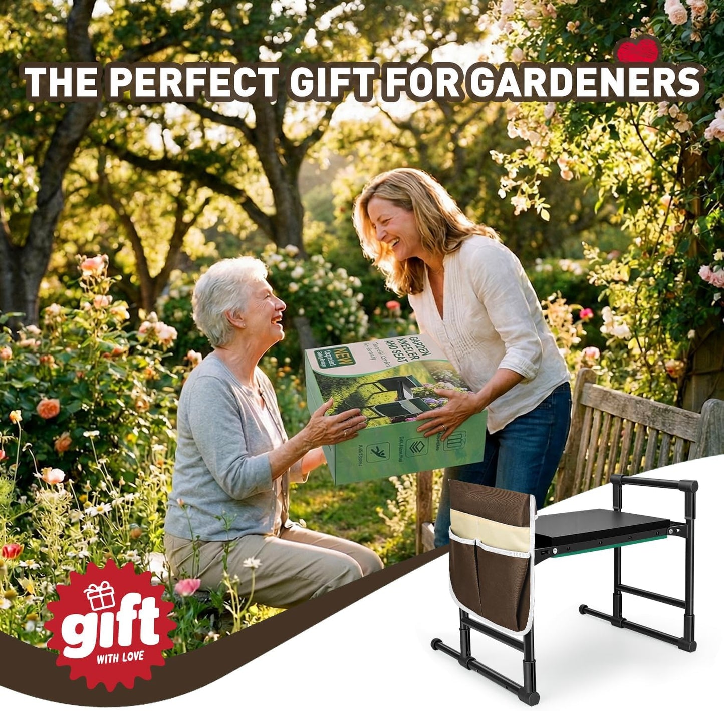 Heavy Duty Garden Kneeler and Seat for Seniors – Anti-Tip Folding Gardening Stool with Thick EVA Kneeling Pad, Extendable Support Legs & Sturdy Handles for Gardening, Black