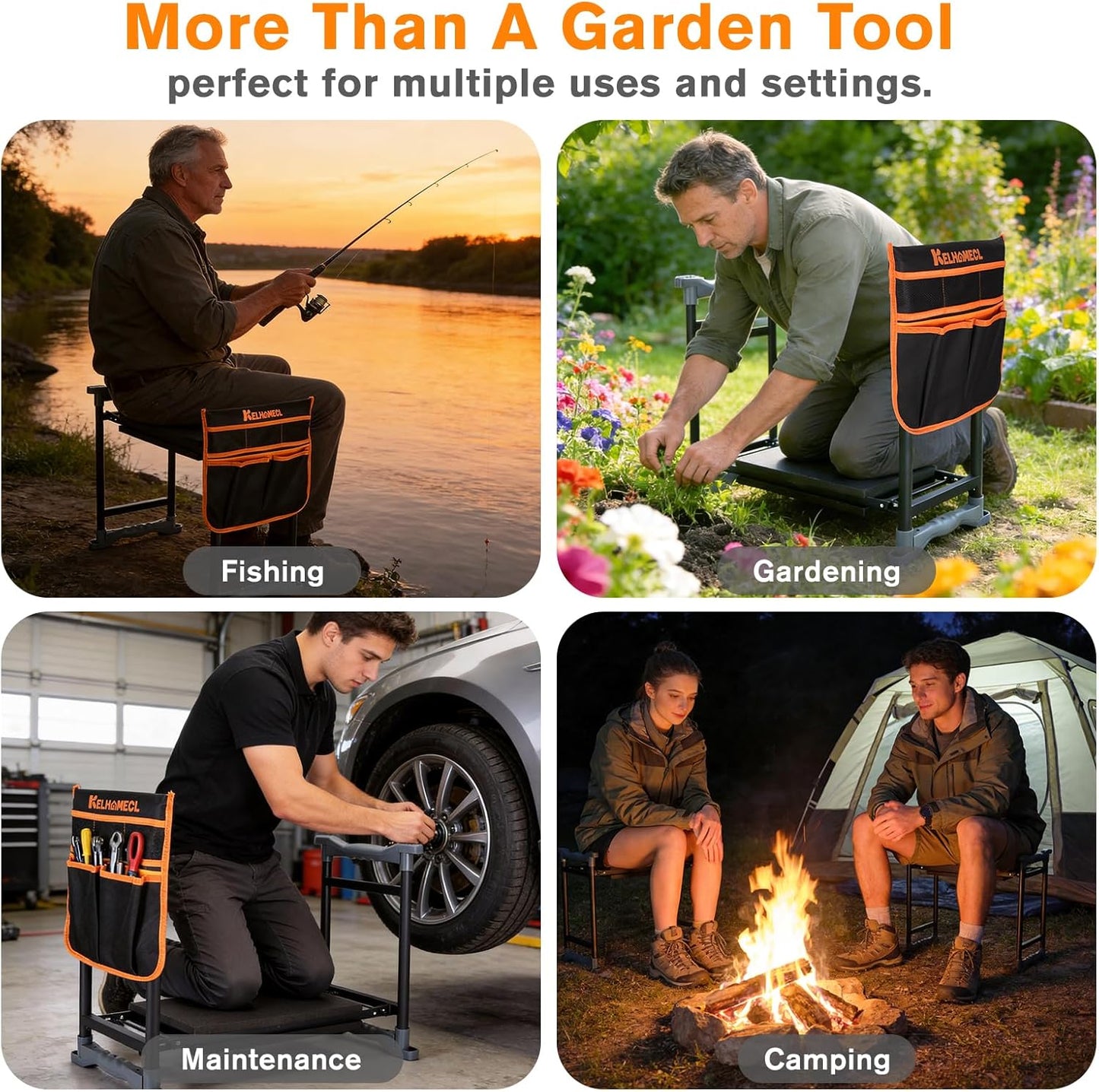 Garden Kneeler and Seat with Extra Wide Thick EVA Pad – Heavy Duty Foldable Gardening Bench Stool with Tool Pouches, Ergonomic Kneeling Seat for Seniors, Women & Men, Black & Orange