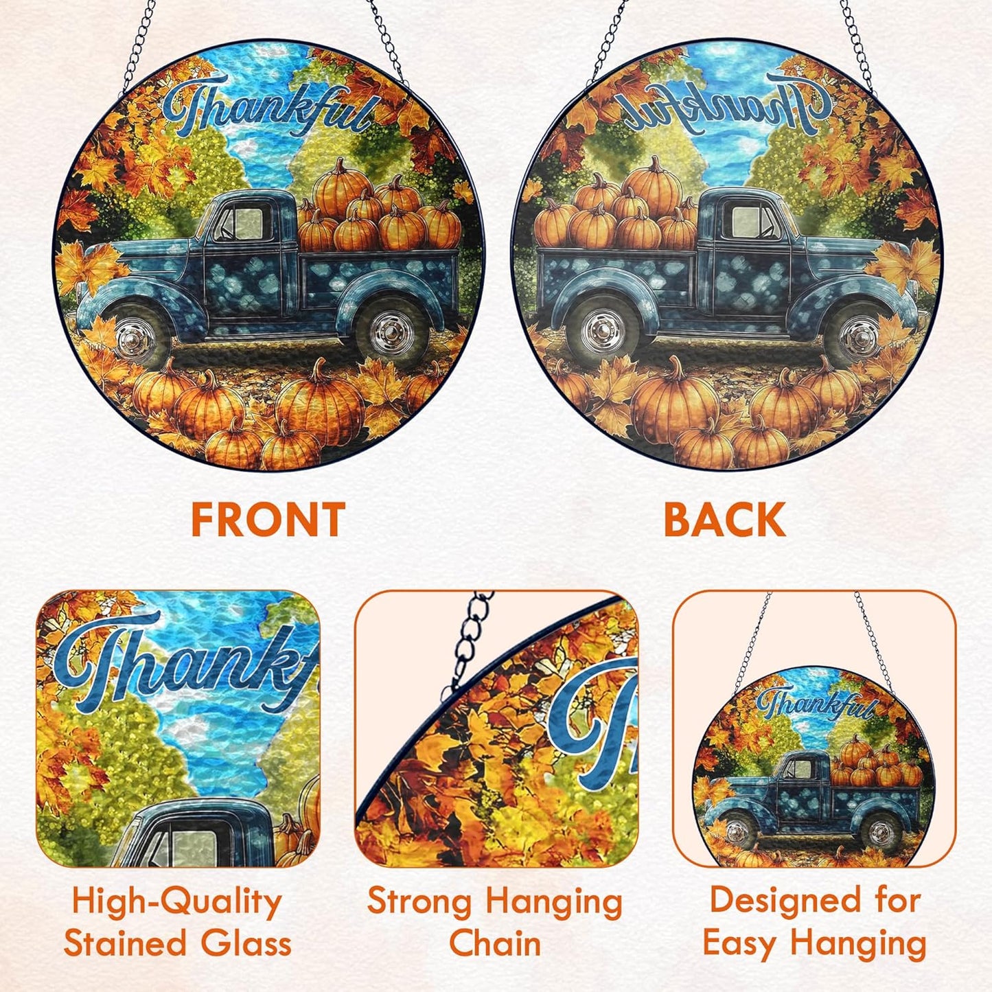FLAGWIX Fall Decorations for Home - Tractor Stained Glass Window Hanging 8in - Sun Catchers Indoor Window, Fall Gifts for Women Men, Thanksgiving Decorations Suncatcher, Thanksgiving Gifts for Mom Dad