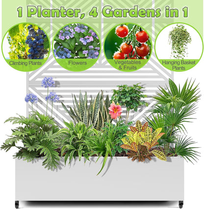 15.7"×70.9"×47.2" Metal Raised Garden Bed with Trellis and Wheels - Tall Trellis Planter Box for Climbing Plants, Vegetables & Vines - Outdoor Privacy Planters for Patio (White-Zodiac)