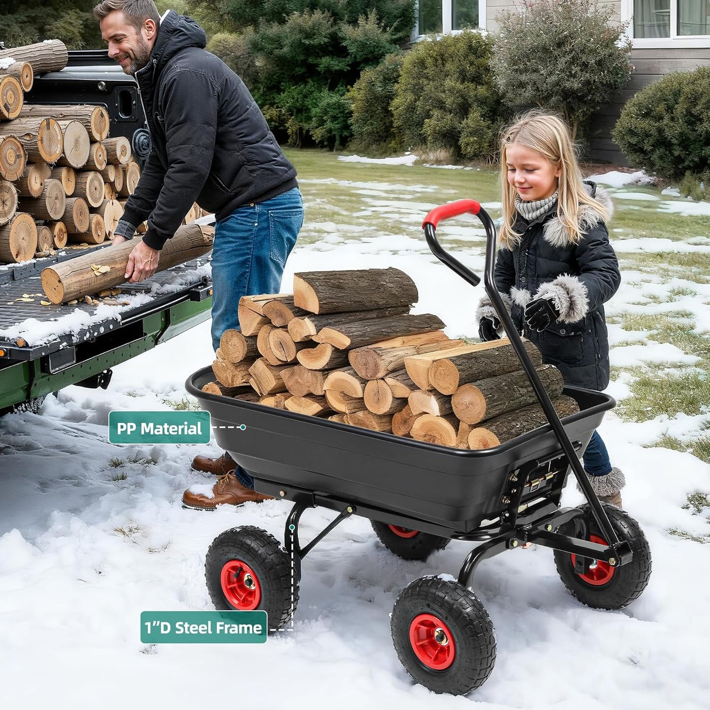 600lb Garden Dump Cart,4 Cu.Ft Utility Wagon Wheelbarrows with Quick-Release System&4 Pneumatic Tires,Heavy Duty Yard Dump Wagon with Steel Frame for Farm, Garden,Christmas Hauling(Black)