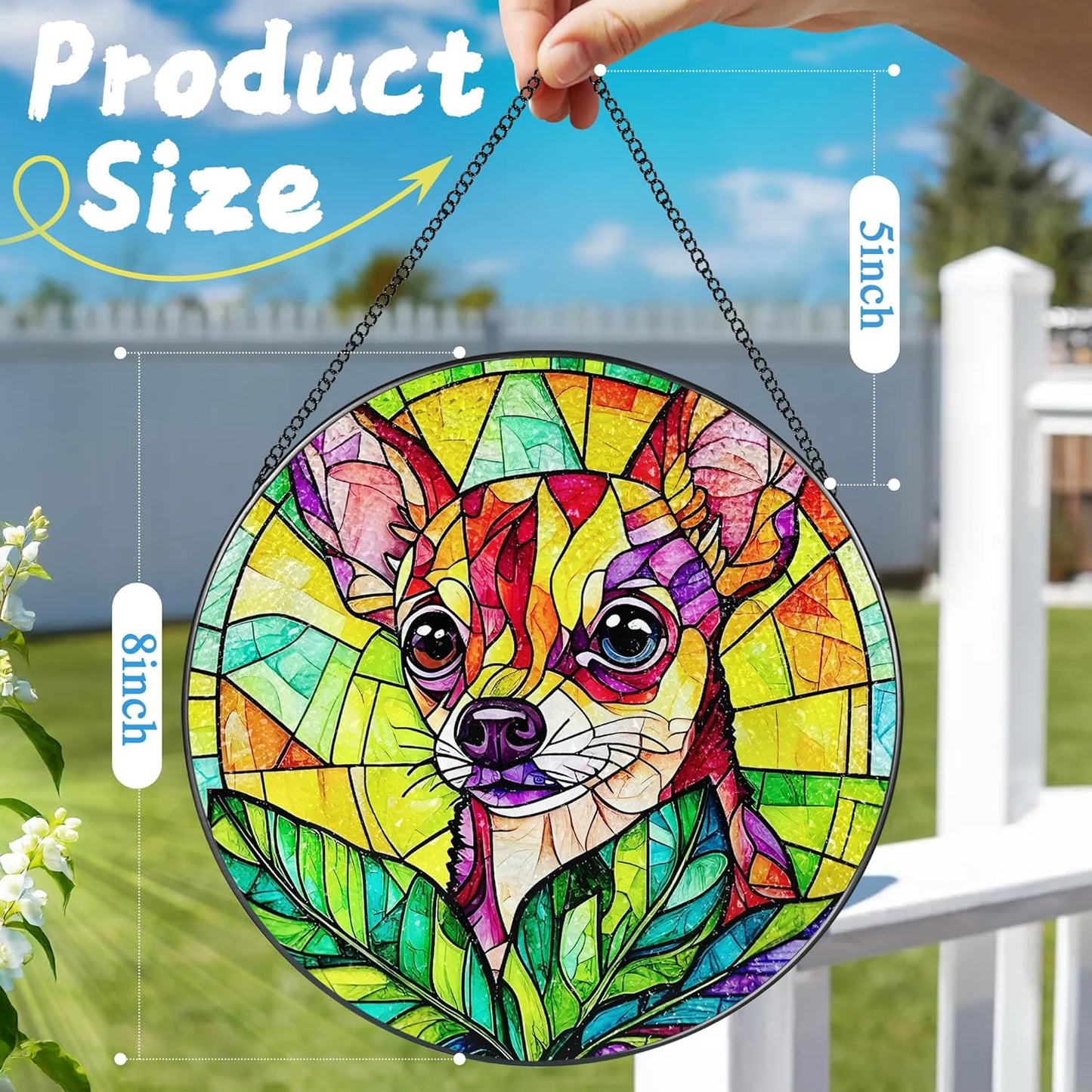 8″ Stained Glass Window Hanging Ornament, Vibrant Chihuahua Stained Glass Suncatcher Ornament, Sun-Catcher Window Decor | Gifts for Dog Lovers, Dog Lover Gift, Pet Lover Gift