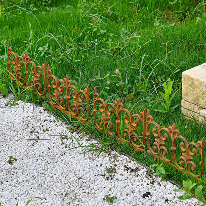 Sungmor Decorative Cast Iron Garden Edging, 4 Pack Full Rusted Victorian Garden Edging Landscape Border, Vintage Metal Yard Stake Low Picket Fence, 10.6" Tall Outdoor Flower Bed Lawn Fence Panels