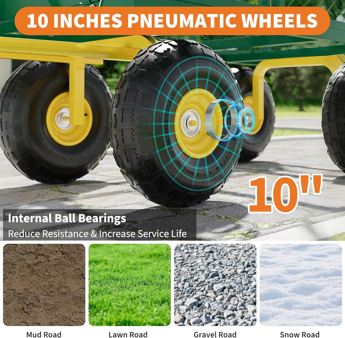 Metal Wagon - 500lbs Garden Cart with 10" Multi-Terrain Tires, 4 Removable Mesh Sides & 180° Swivel Handle, Yard Wagon Cart for Lawn, Yard, Patio Gardening