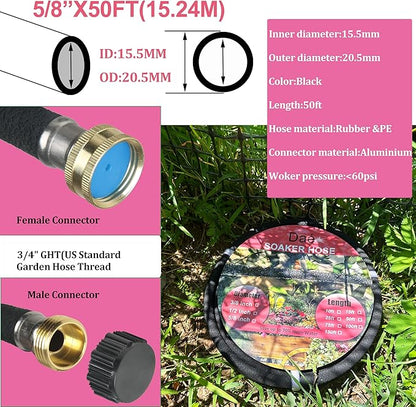 Rubber Soaker Hose, 5/8 inch, 50ft Garden Hose for Irrigation,Water-Saving up to 70%, Aluminium Connector Leak-Proof, Heavy-duty Hose, Watering for Trees,Lawns, Vegetables and Flowers.