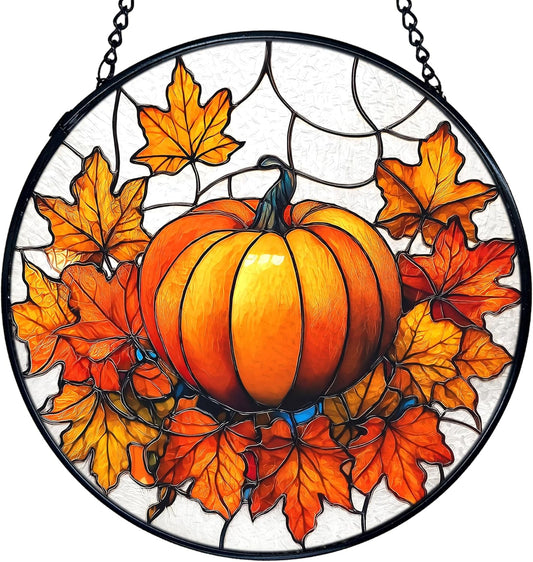 TNUW Fall Pumpkin Stained Glass Window Hanging, Farmhouse Autumn Pumpkin Maple Leaf Sun Catchers Indoor Window Glass Round Wall Art Decor, Rustic Fall Wall Hanging Decorations, 7.9＂x7.9＂