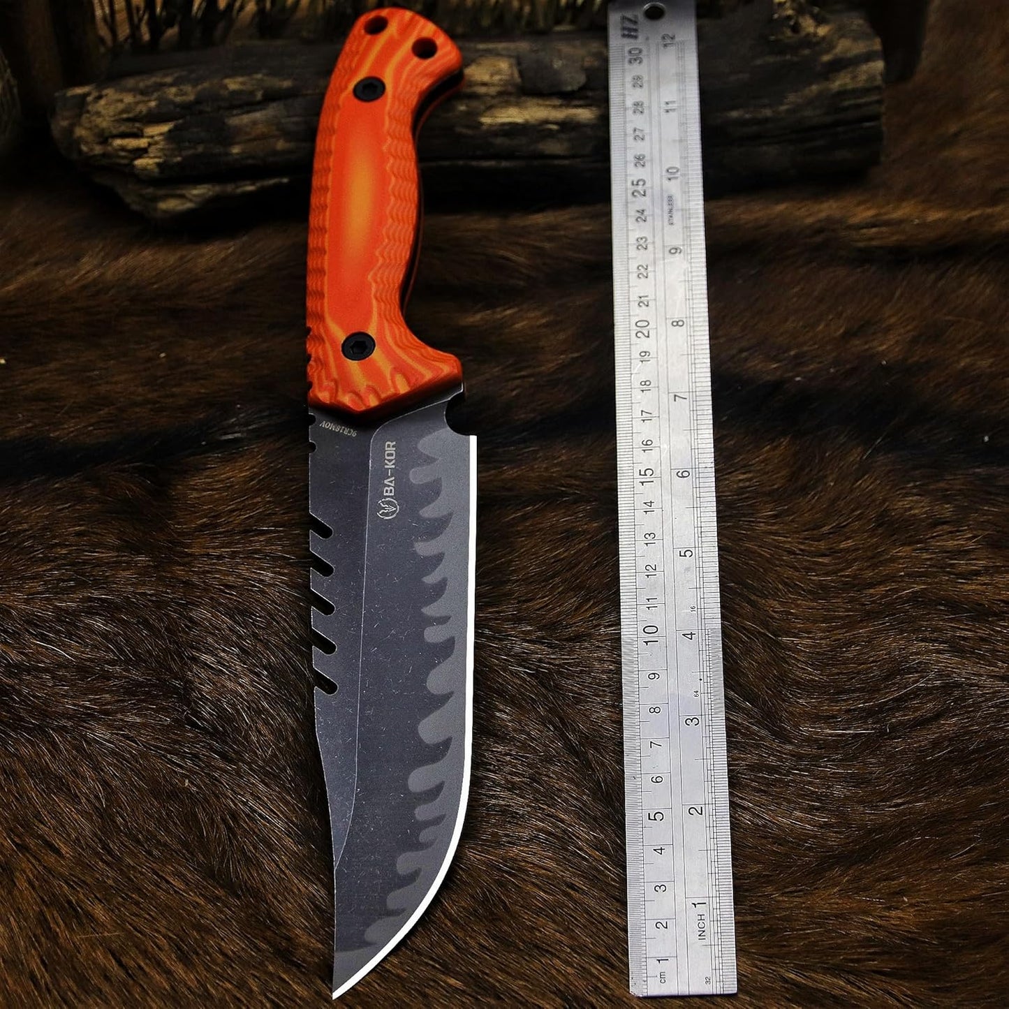 BA-KOR 12.4in Full Tang Fixed Blade Hunting Knife – 6mm 9CR18MoV Steel, G10 Handle, Stonewashed Sawback Blade with Kydex Sheath & Fire Starter for Outdoor, Camping, Survival (Orange with light yellow stripes)