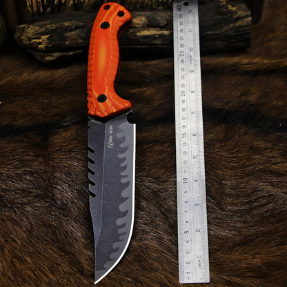 BA-KOR 12.4in Full Tang Fixed Blade Hunting Knife – 6mm 9CR18MoV Steel, G10 Handle, Stonewashed Sawback Blade with Kydex Sheath & Fire Starter for Outdoor, Camping, Survival (Orange with light yellow stripes)