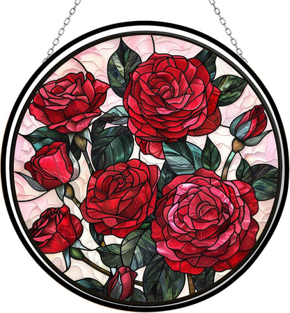 Valentine Rose Stained Glass Window Hanging Suncatcher, Gothic Christmas Ornaments for Fiction Lovers, Dinosaur Room Decor for Nursery New Home Gifts