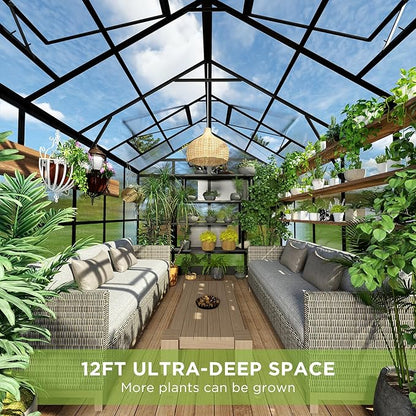 HOWE 8x12x7.5 FT Polycarbonate Greenhouse Double Swing Doors 4 Vents 5.2FT Added Wall Height, Walk-in Large Aluminum Greenhouse Sunroom Winter Greenhouse for Outdoors, Black
