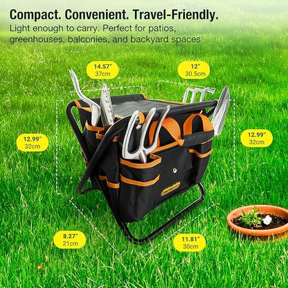 GardenHOME 7-Piece Gardening Tool Set – Stainless Steel Tools with Heavy-Duty Folding Stool and Canvas Tote Bag, Black and Orange – Practical for Men, Gardeners, and DIY Yard Work