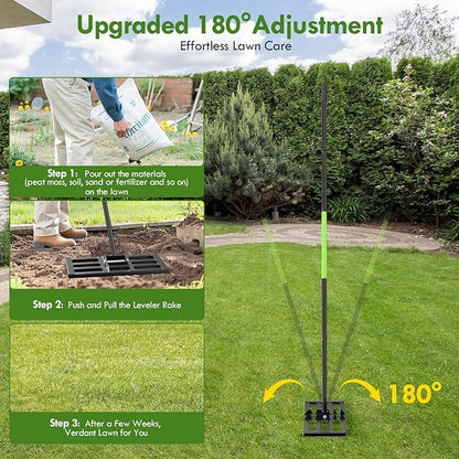Seeutek Lawn Leveling Rake, 17” x 10” Lawn Leveler with 6.5FT Durable Handle Rakes for Lawns, 0-180° Adjustable Ground Leveler Tool for Yard, Level Soil Sand Dirt Surfaces