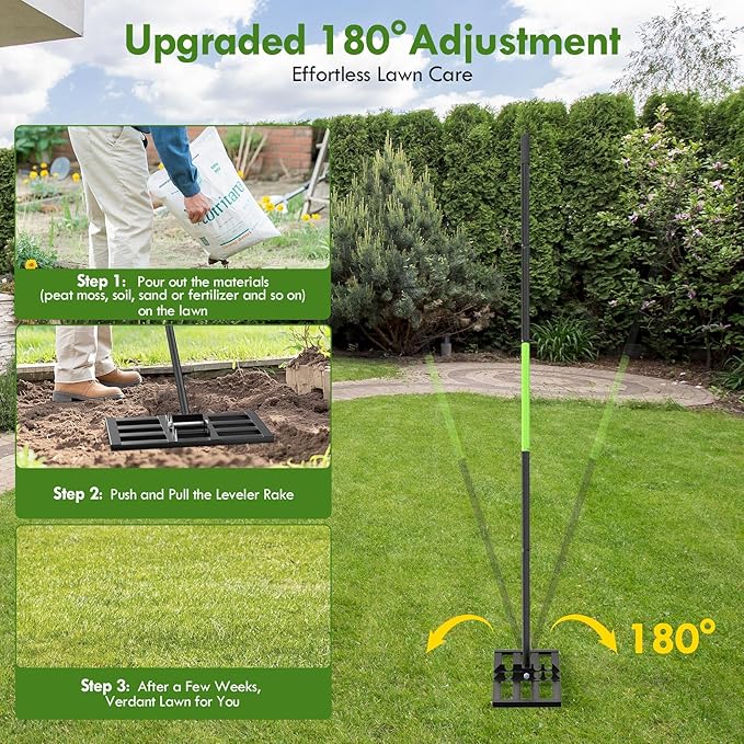 Seeutek Lawn Leveling Rake, 17” x 10” Lawn Leveler with 6.5FT Stainless Steel Handle Rakes for Lawns, 0-180° Adjustable Ground Leveler Tool for Yard, Level Soil Sand Dirt Surfaces