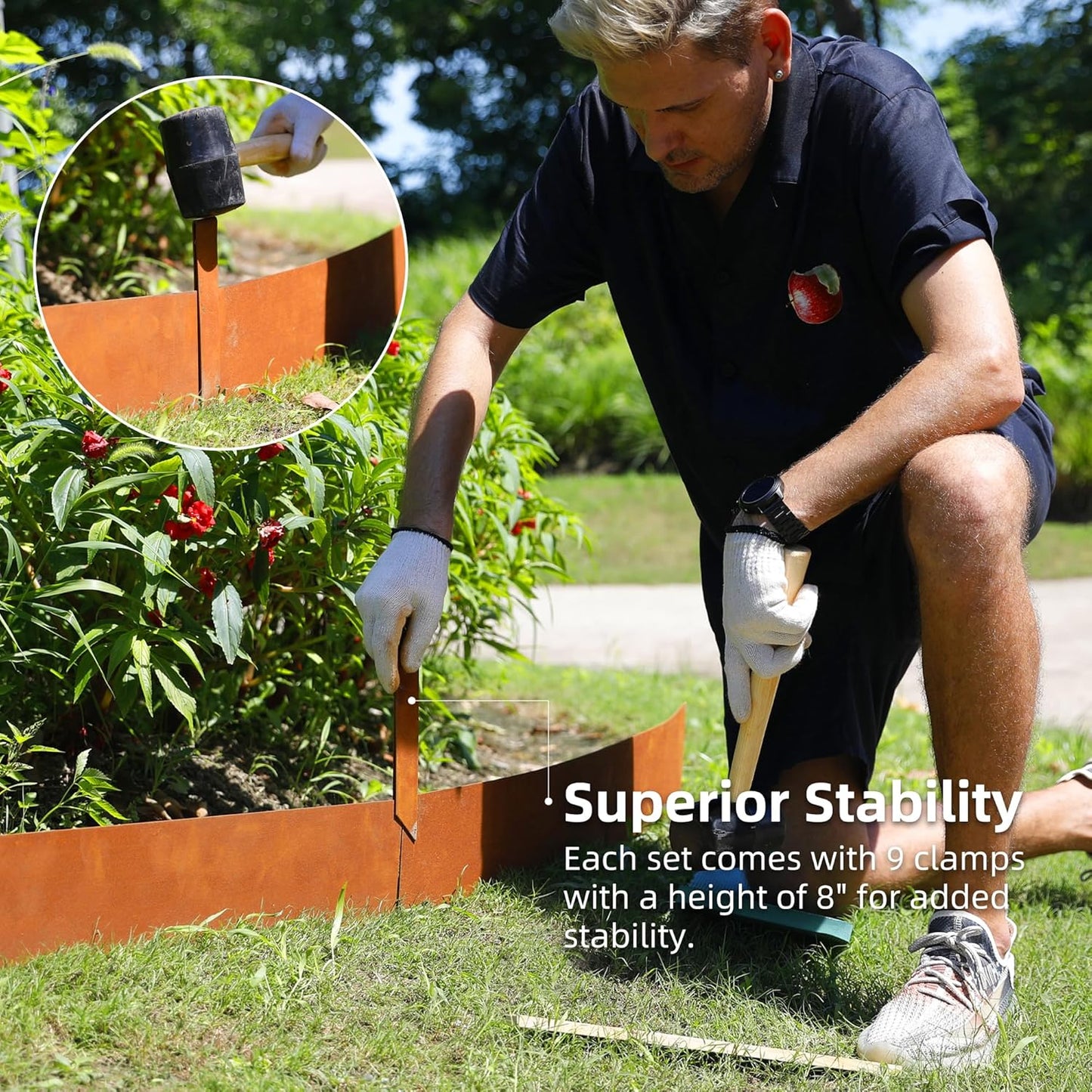 Solution4Patio 8-Pack Corten Steel Garden Landscape Edging with 9X Clips, 10" H Hammer-in Heavy Duty Bendable Metal Pre-Rusted Border Edging Strips for Lawn, Yard (26ft Total)