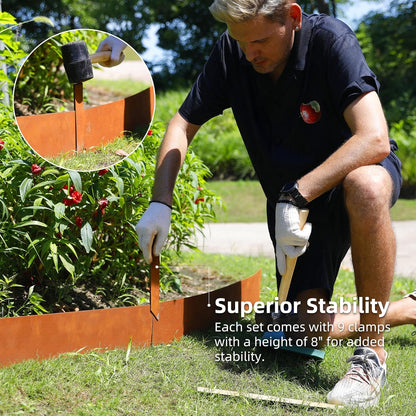 Solution4Patio 8-Pack Corten Steel Garden Landscape Edging with 9X Clips, 10" H Hammer-in Heavy Duty Bendable Metal Pre-Rusted Border Edging Strips for Lawn, Yard (26ft Total)